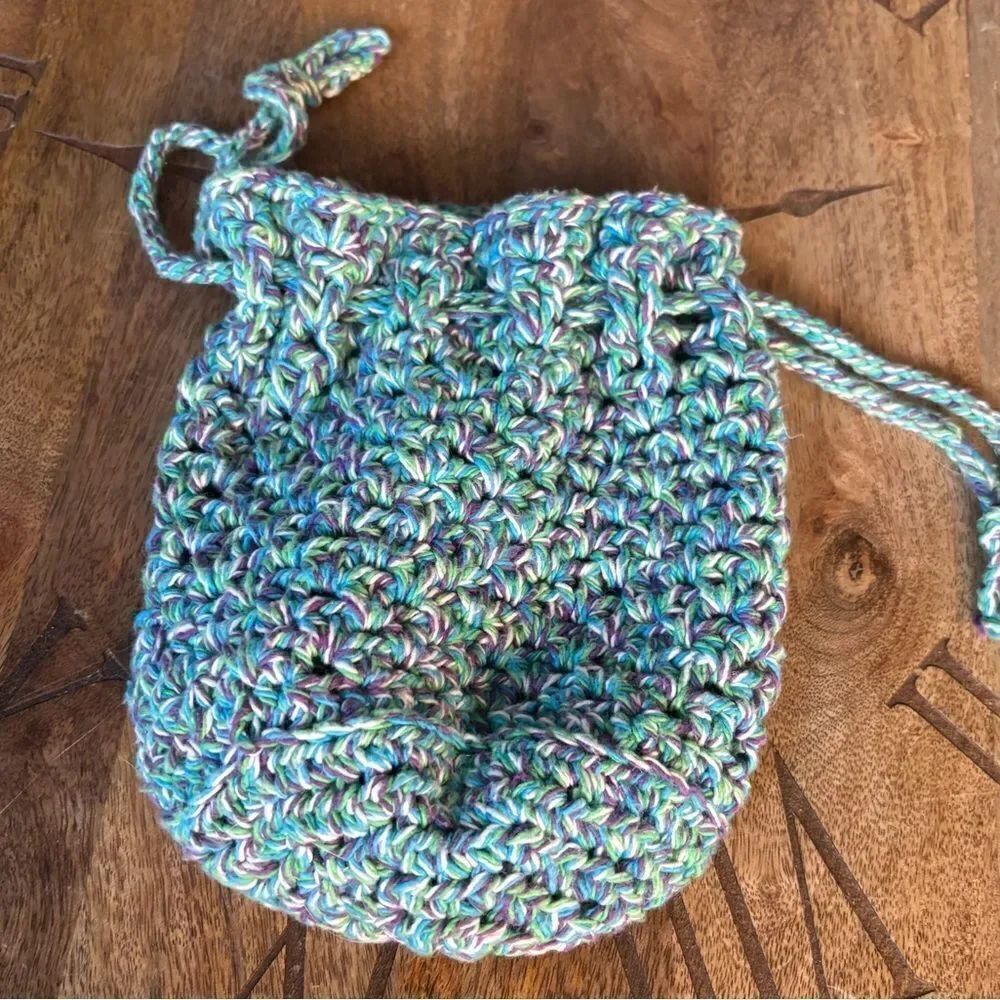 New! Handmade Crochet Blue Drawstring Bag - Picture 3 of 3
